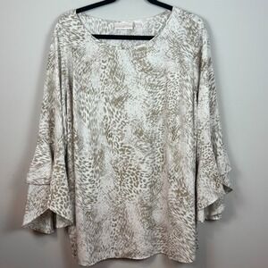 Belle Kim Gravel White Animal Print‎ Bell Sleeve Lightweight Blouse Womens 2XL